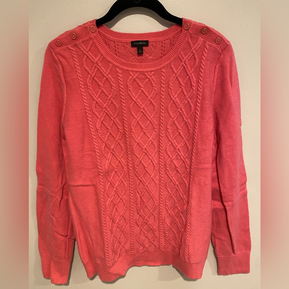Talbots L pink Cableknit sweater Lambswool long sleeve warm cozy classic buttons
